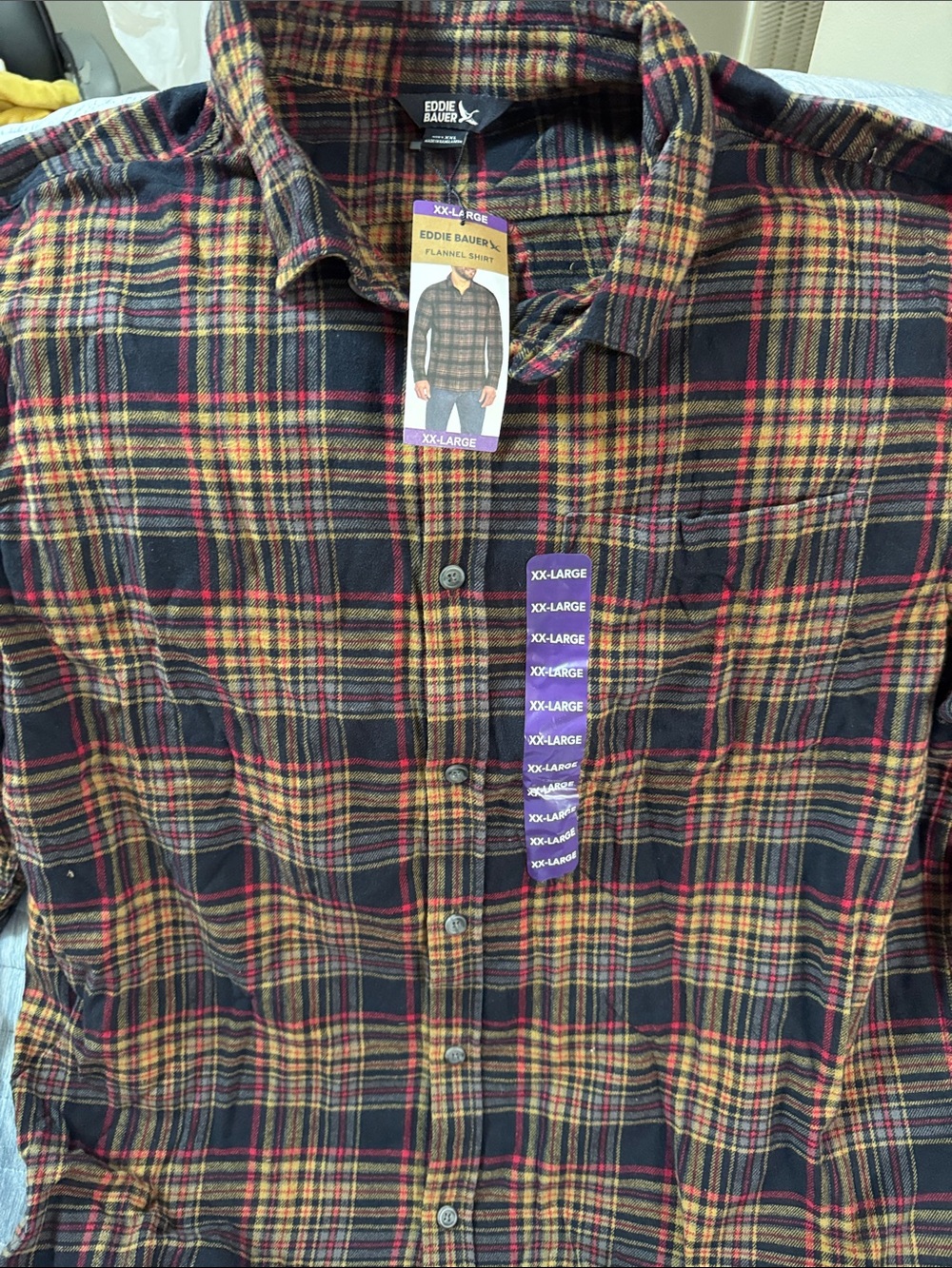 Eddie Bauer Black, Brown & Red Plaid Flannel Button-Down Shirt